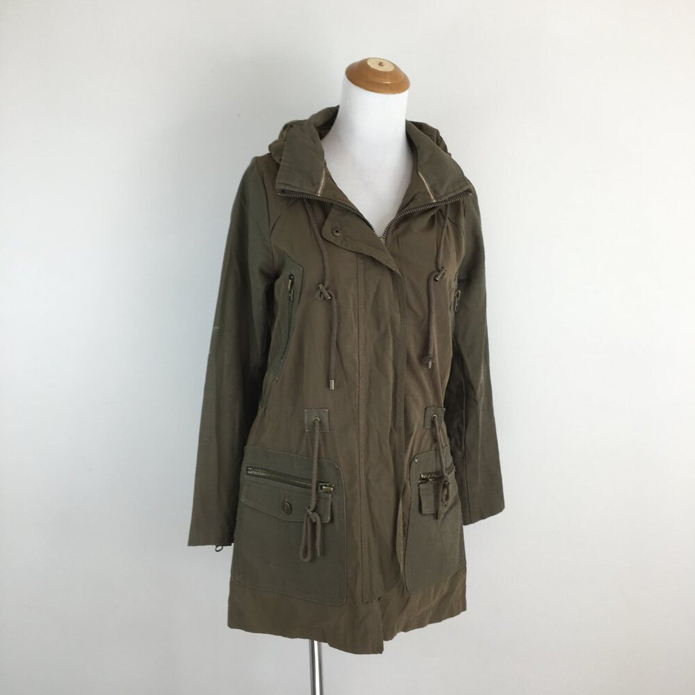 ZARA Green Zip Pockets & Cuff Mixed Media Drawstring Waist & Collar Jacket